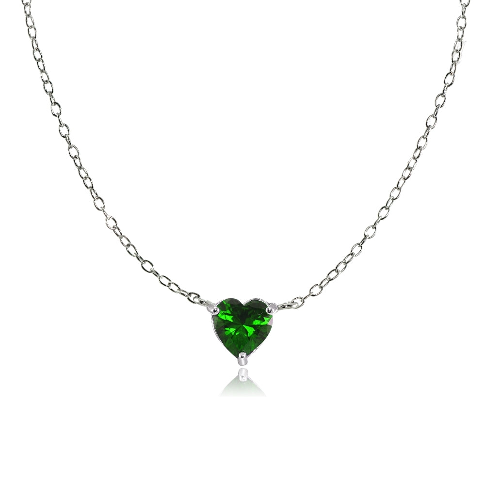 Sterling Silver Small Dainty Simulated Emerald Heart Choker Necklace