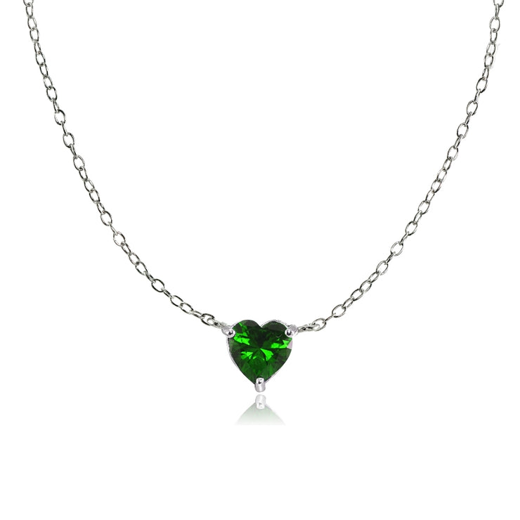 Sterling Silver Small Dainty Simulated Emerald Heart Choker Necklace