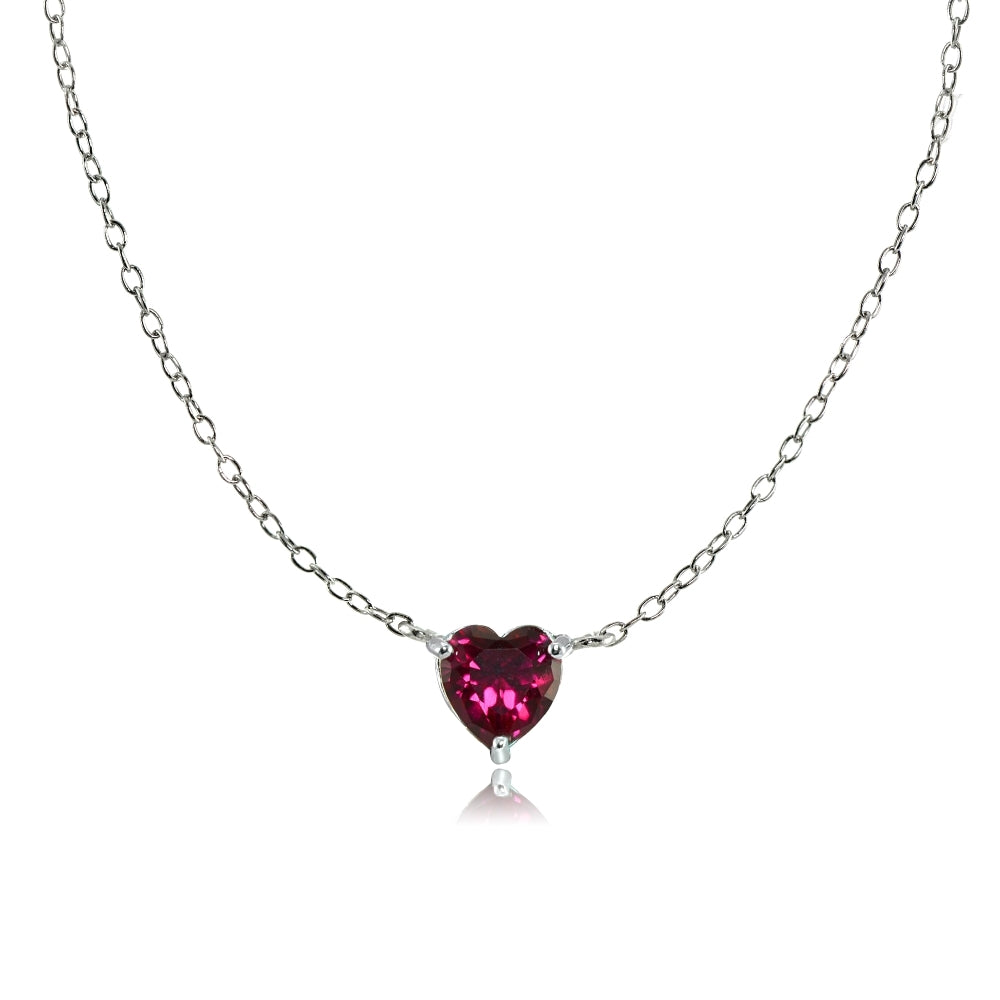 Sterling Silver Small Dainty Created Ruby Heart Choker Necklace