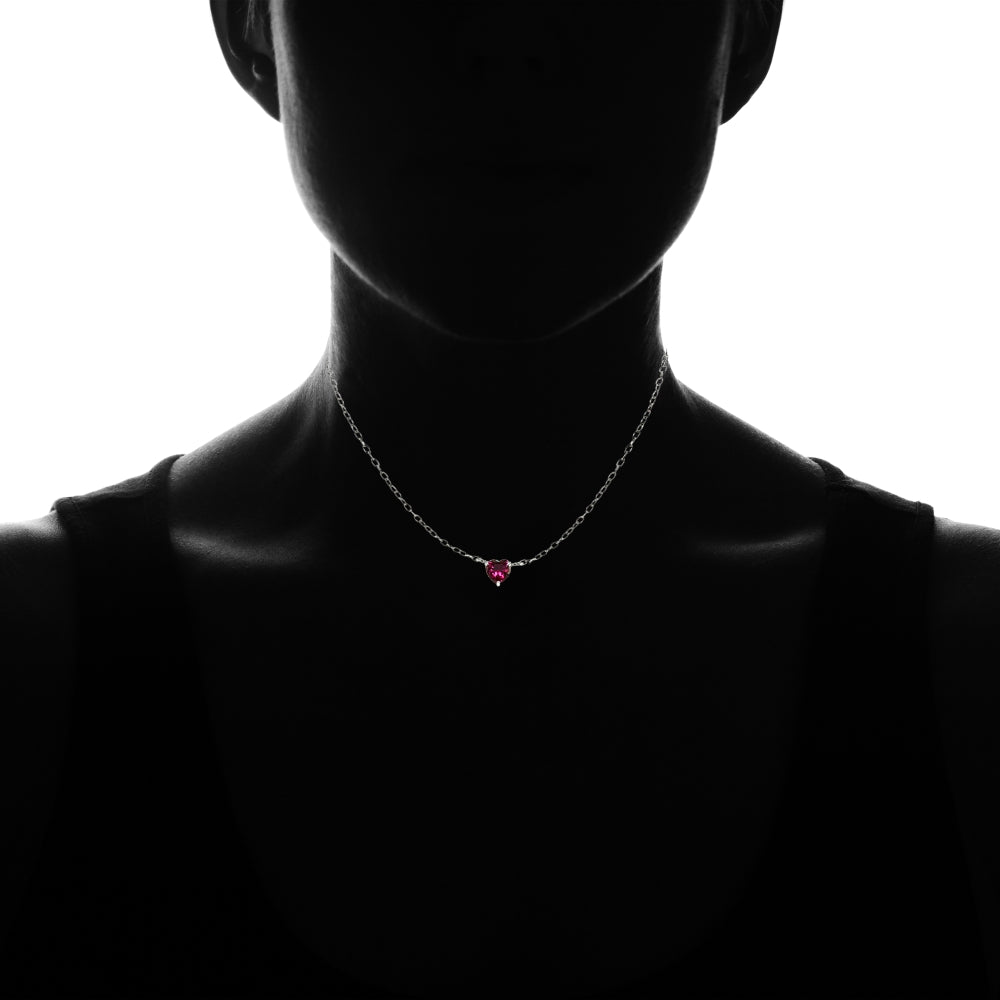 Sterling Silver Small Dainty Created Ruby Heart Choker Necklace-4