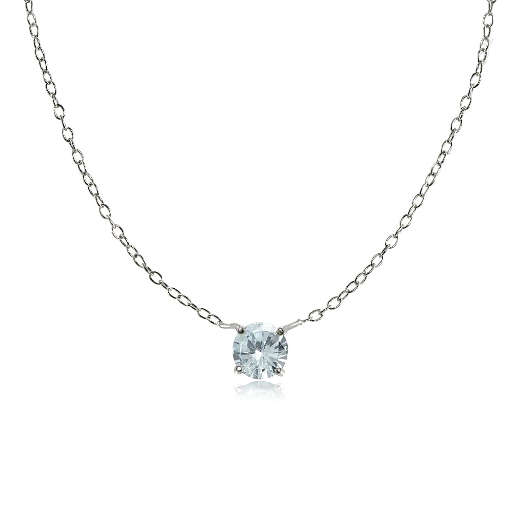 Sterling Silver Small Dainty Round Aquamarine Choker Necklace