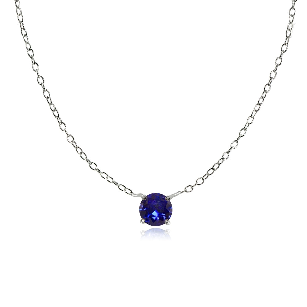 Sterling Silver Small Dainty Round Created Blue Sapphire Choker Necklace