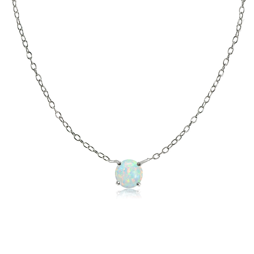 Sterling Silver Small Dainty Round Created White Opal Choker Necklace
