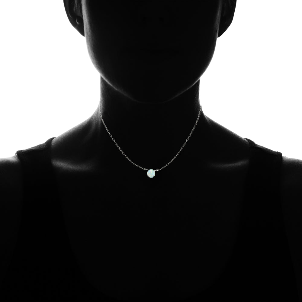Sterling Silver Small Dainty Round Created White Opal Choker Necklace-4