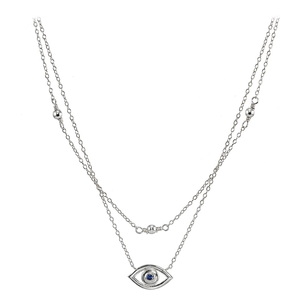 Sterling Silver Blue Cubic Zirconia Evil Eye Layered Choker Necklace