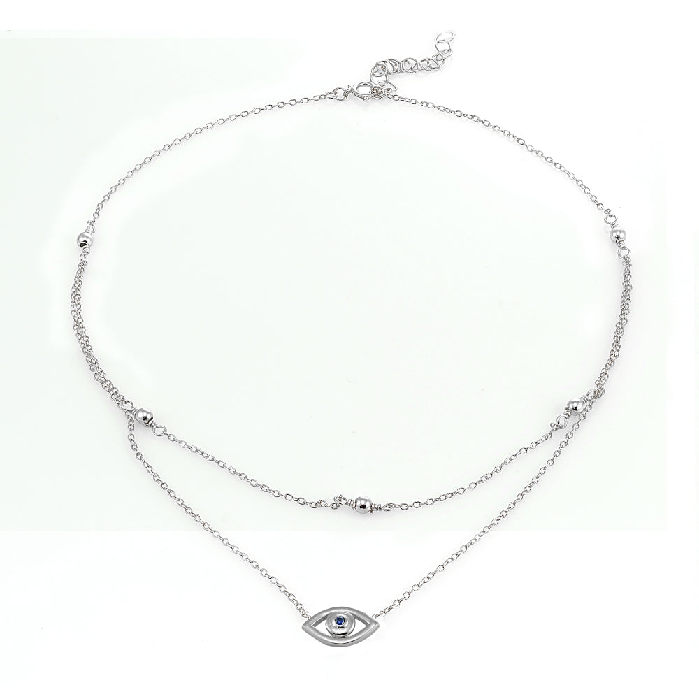 Sterling Silver Blue Cubic Zirconia Evil Eye Layered Choker Necklace-3