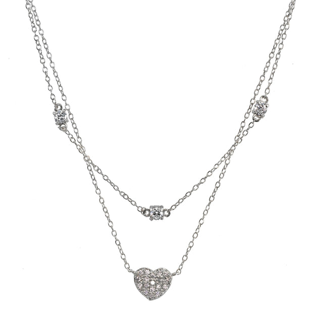 Sterling Silver Cubic Zirconia Heart Layered Choker Necklace