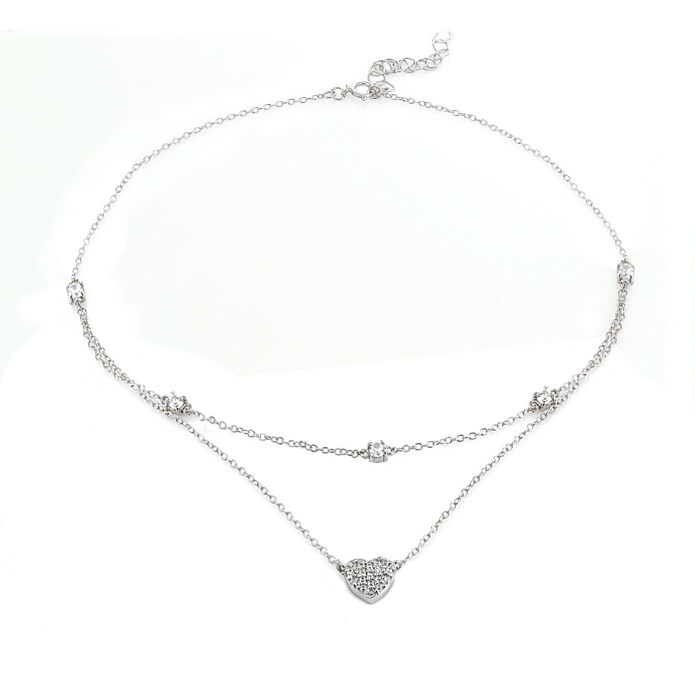 Sterling Silver Cubic Zirconia Heart Layered Choker Necklace-3