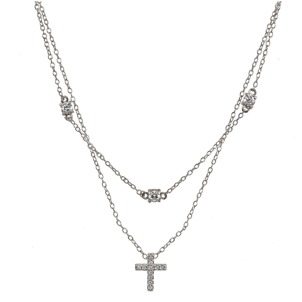 Sterling Silver Cubic Zirconia Cross Layered Choker Necklace