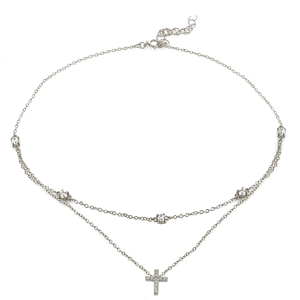 Sterling Silver Cubic Zirconia Cross Layered Choker Necklace-3