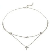 Sterling Silver Cubic Zirconia Cross Layered Choker Necklace