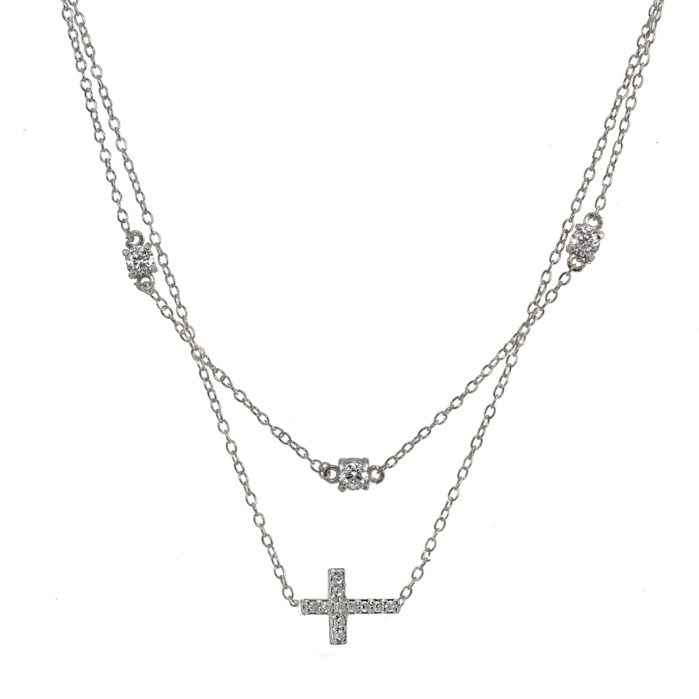 Sterling Silver Cubic Zirconia Sideways Cross Layered Choker Necklace