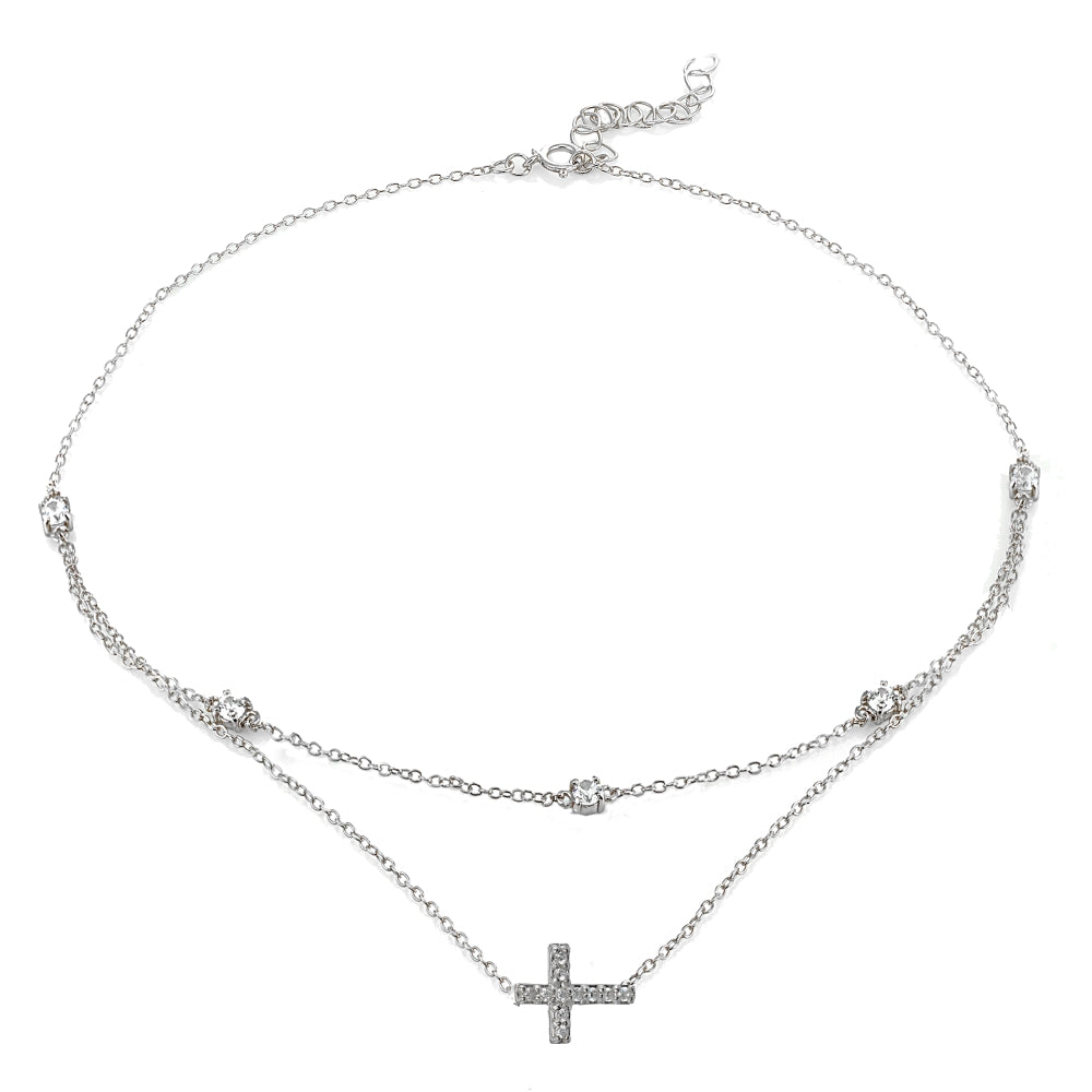 Sterling Silver Cubic Zirconia Sideways Cross Layered Choker Necklace-3