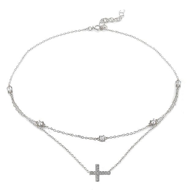 Sterling Silver Cubic Zirconia Sideways Cross Layered Choker Necklace