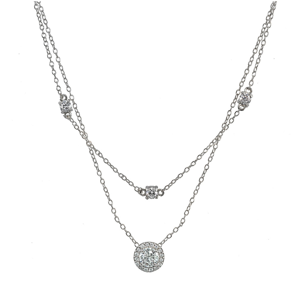 Sterling Silver Cubic Zirconia Round Halo Layered Choker Necklace