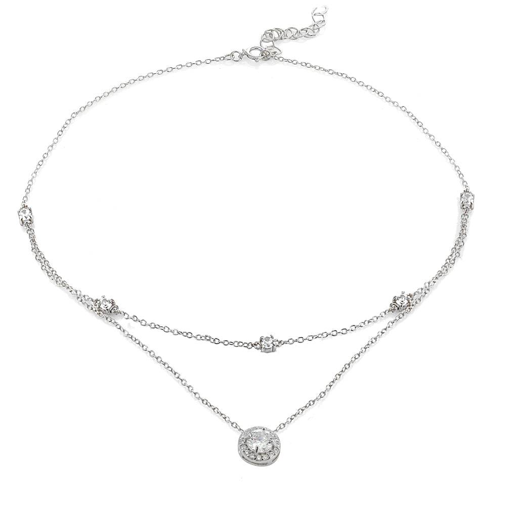 Sterling Silver Cubic Zirconia Round Halo Layered Choker Necklace-3