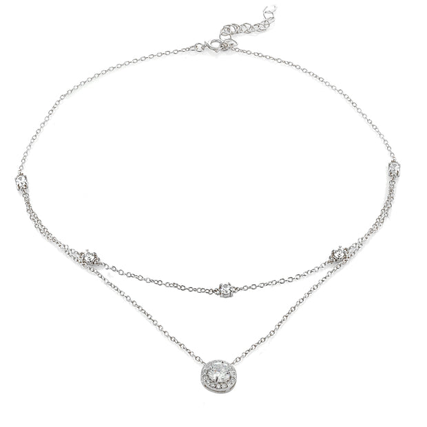 Sterling Silver Cubic Zirconia Round Halo Layered Choker Necklace