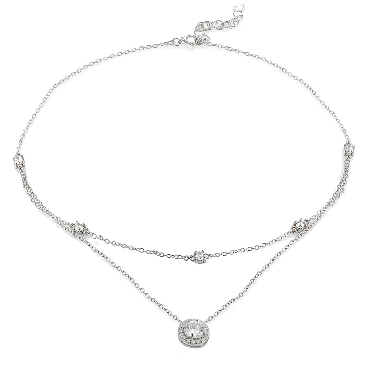 Sterling Silver Cubic Zirconia Round Halo Layered Choker Necklace