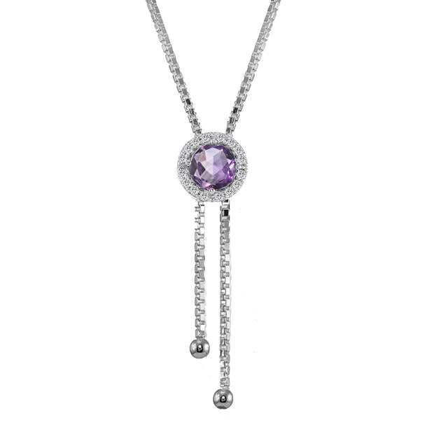 Sterling Silver Amethyst and White Topaz Round Halo Drop Adjustable Lariat Necklace