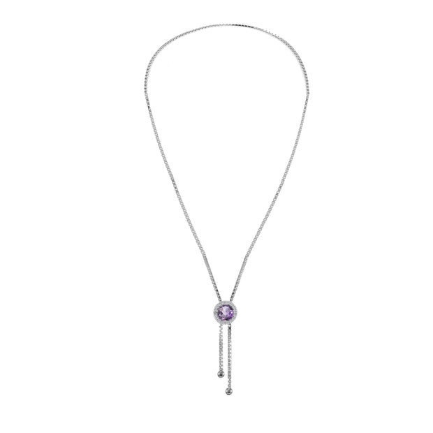 Sterling Silver Amethyst and White Topaz Round Halo Drop Adjustable Lariat Necklace