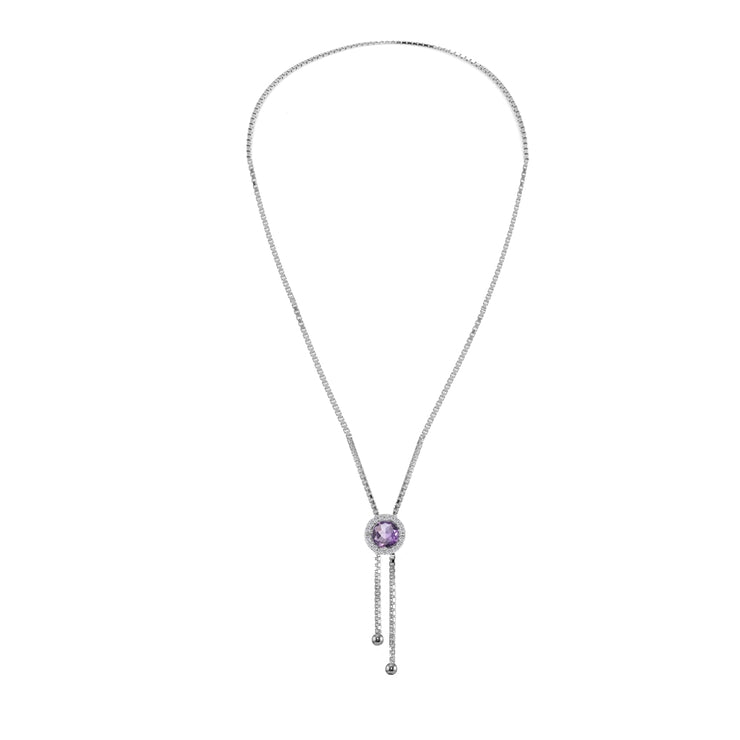 Sterling Silver Amethyst and White Topaz Round Halo Drop Adjustable Lariat Necklace