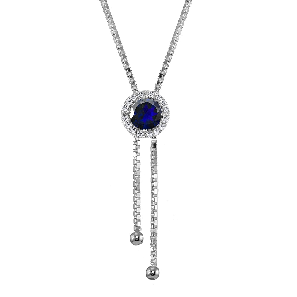 Sterling Silver Created Blue Sapphire and White Topaz Round Halo Drop Adjustable Lariat Necklace