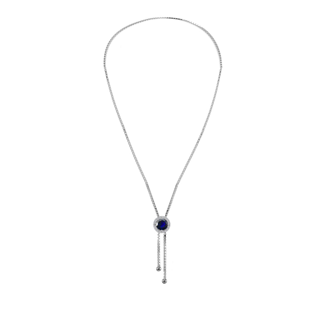 Sterling Silver Created Blue Sapphire and White Topaz Round Halo Drop Adjustable Lariat Necklace-3
