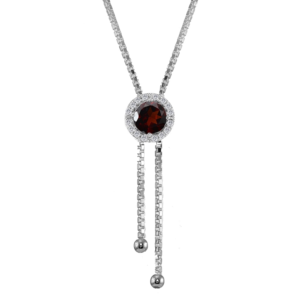 Sterling Silver Garnet and White Topaz Round Halo Drop Adjustable Lariat Necklace