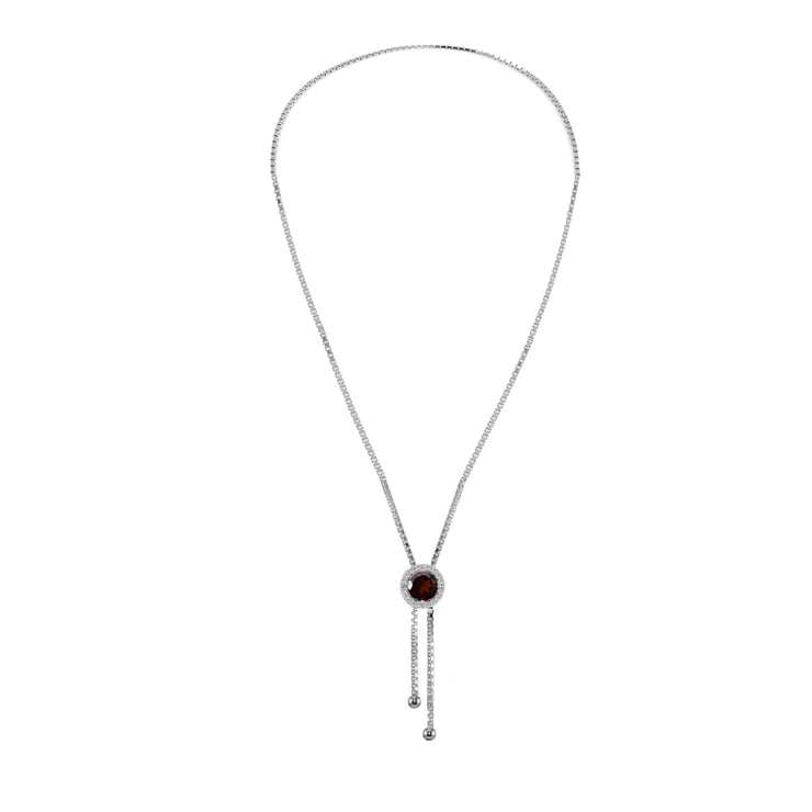 Sterling Silver Garnet and White Topaz Round Halo Drop Adjustable Lariat Necklace