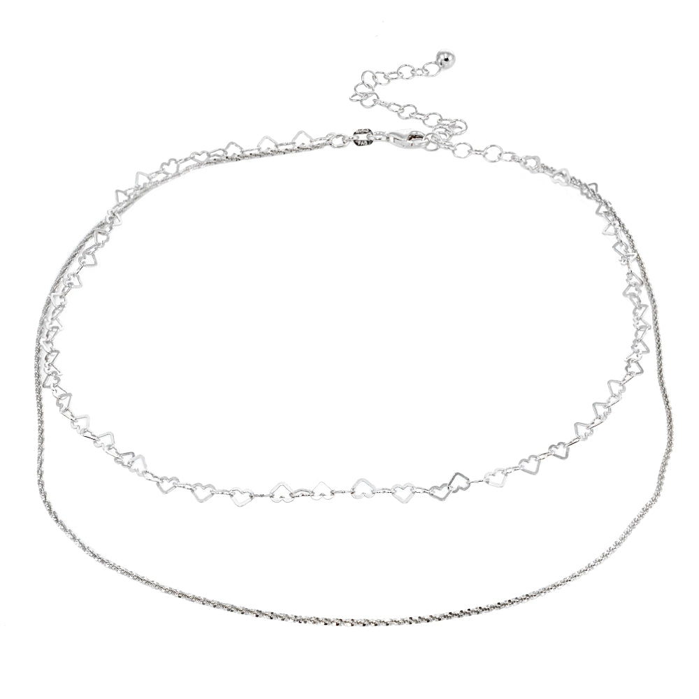 Sterling Silver Mirror Twist Rope & Open Heart Italian Chain Choker Layered Necklace