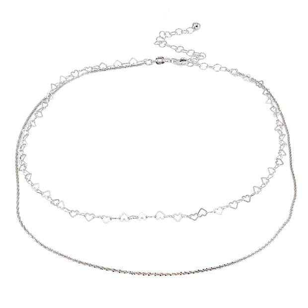 Sterling Silver Mirror Twist Rope & Open Heart Italian Chain Choker Layered Necklace