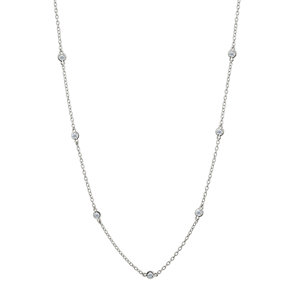 Sterling Silver CZ Station Dainty Chain Necklace, 36 Inches