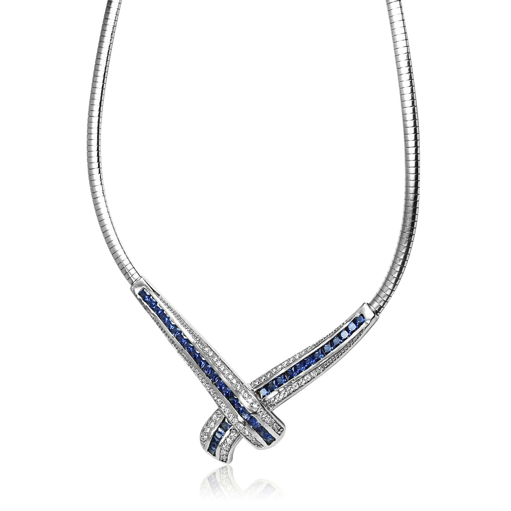Sterling Silver Blue Cubic Zirconia Evening Statement Necklace-2