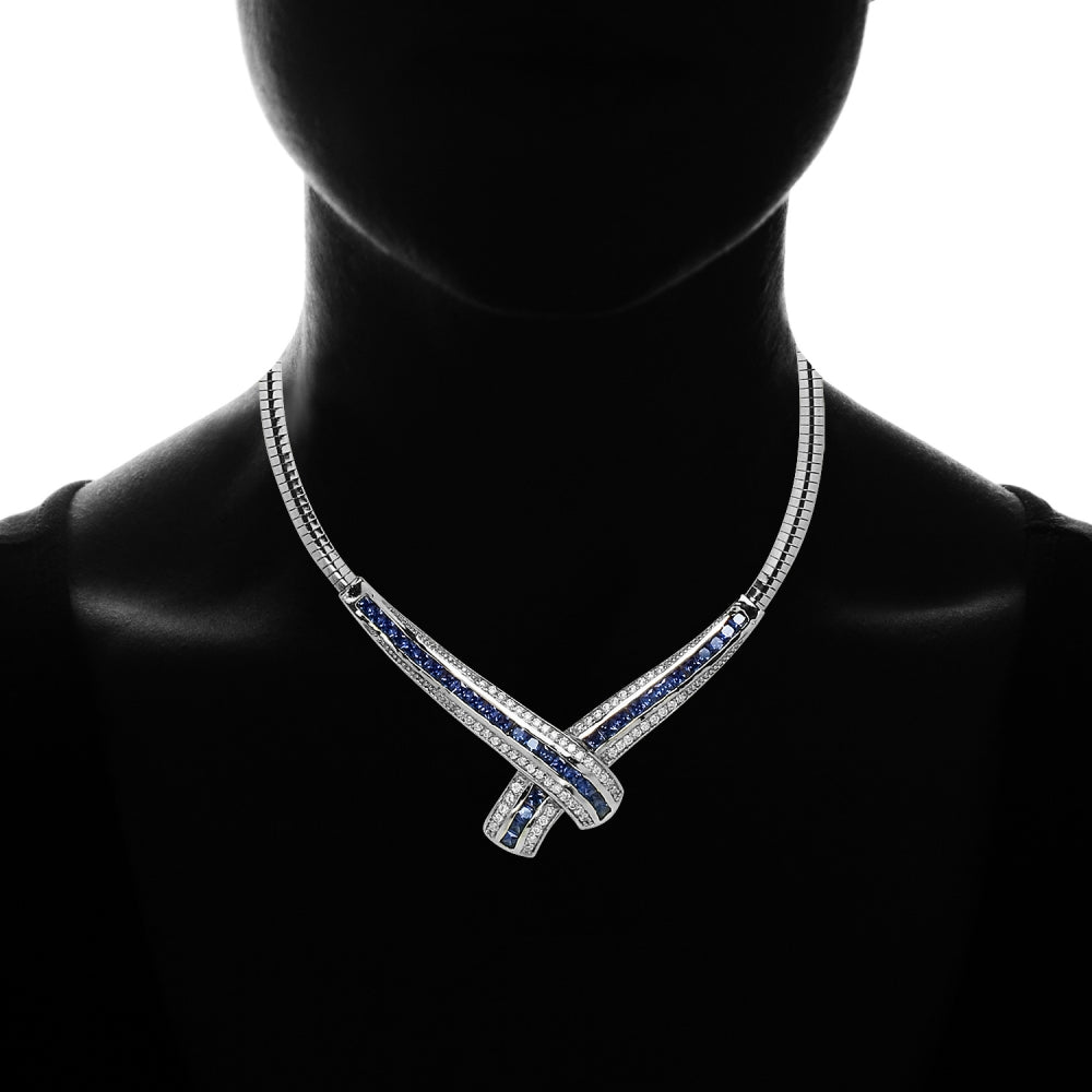 Sterling Silver Blue Cubic Zirconia Evening Statement Necklace-3