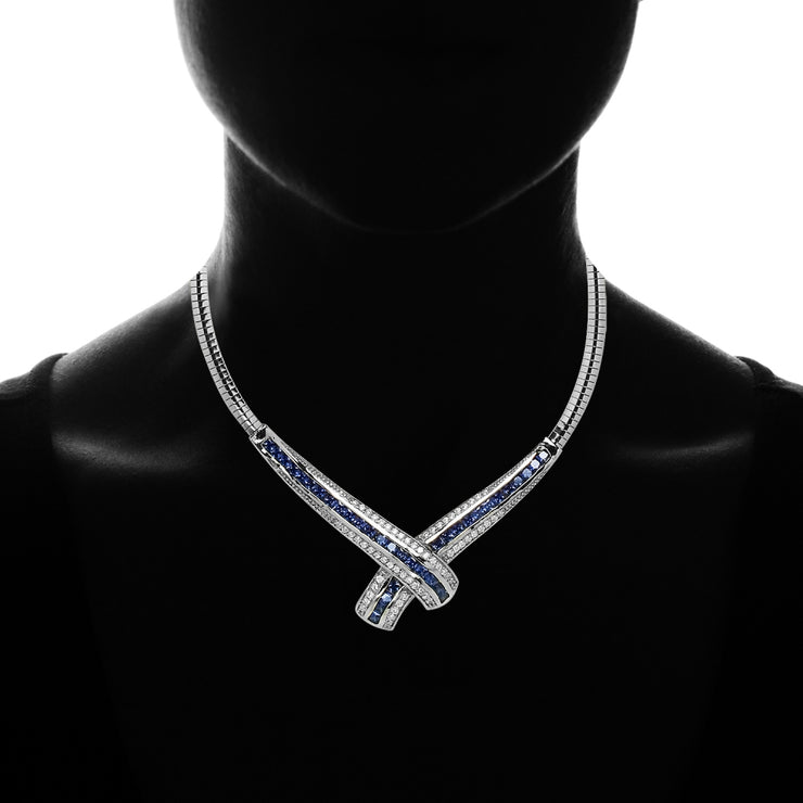 Sterling Silver Blue Cubic Zirconia Evening Statement Necklace