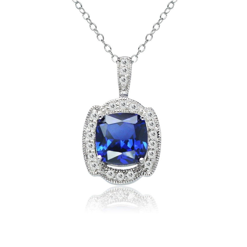 Sterling Silver Blue Cubic Zirconia Cushion-cut Fashion Necklace