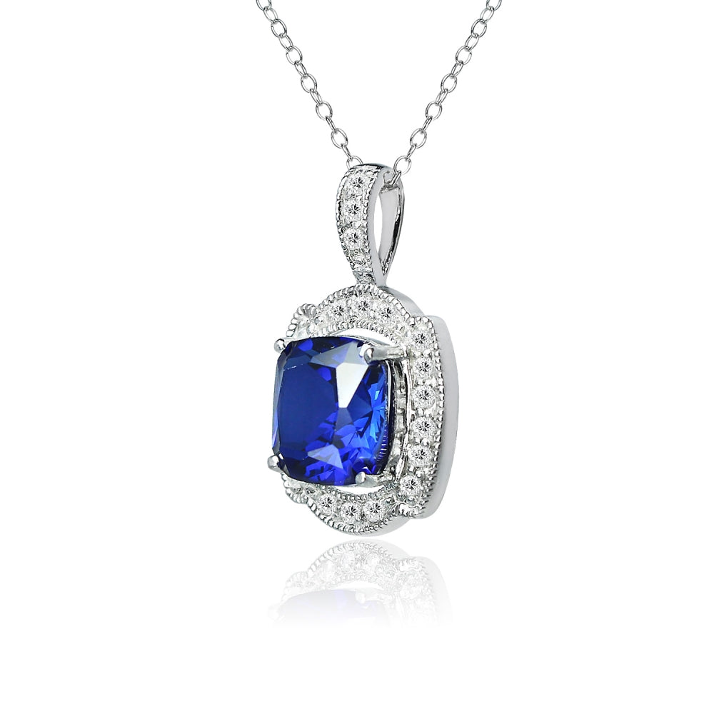 Sterling Silver Blue Cubic Zirconia Cushion-cut Fashion Necklace-2