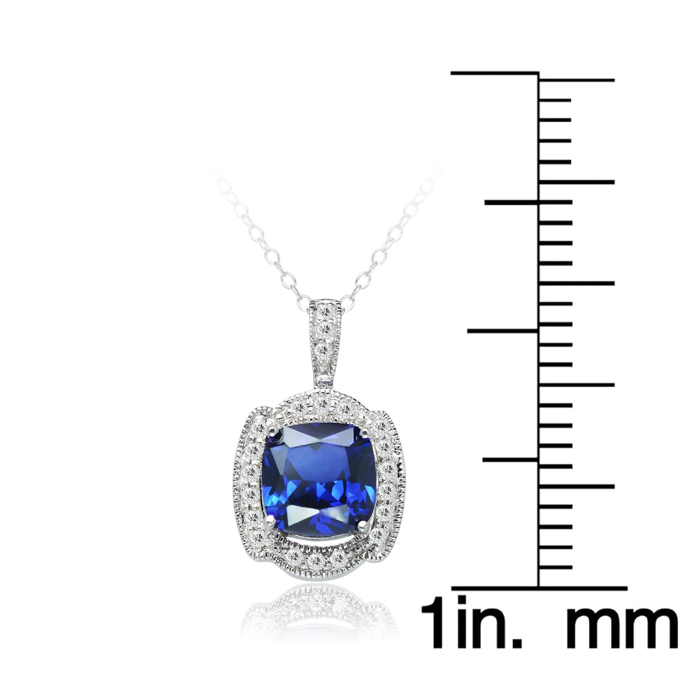 Sterling Silver Blue Cubic Zirconia Cushion-cut Fashion Necklace-4