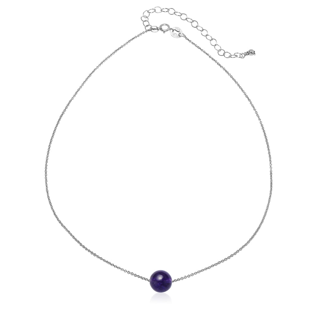Sterling Silver Created Amethyst 8mm Bead Ball Dainty Choker Necklace-2