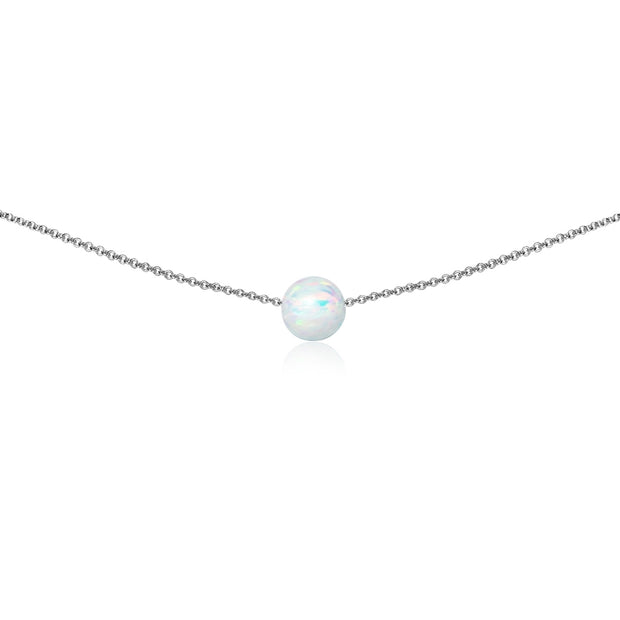 Sterling Silver Created White Opal 8mm Bead Ball Dainty Choker Necklace