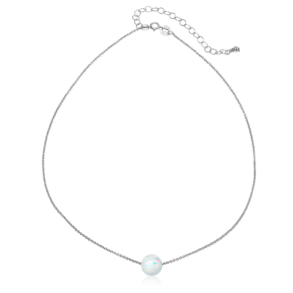 Sterling Silver Created White Opal 8mm Bead Ball Dainty Choker Necklace-2