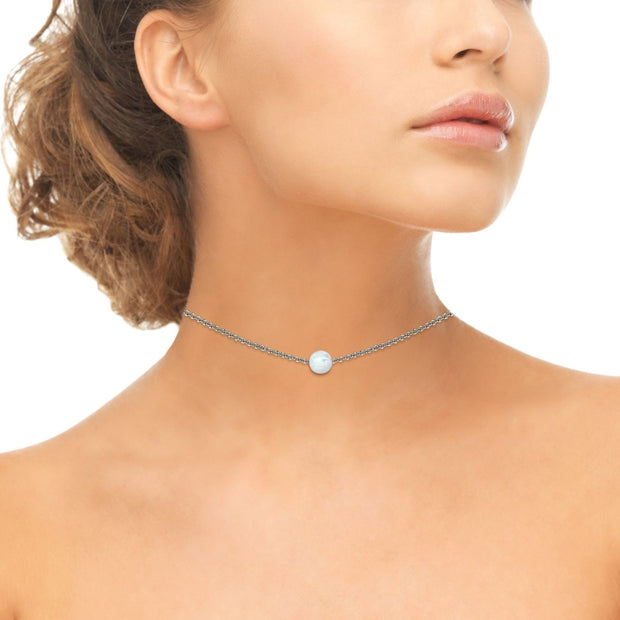 Sterling Silver Created White Opal 8mm Bead Ball Dainty Choker Necklace