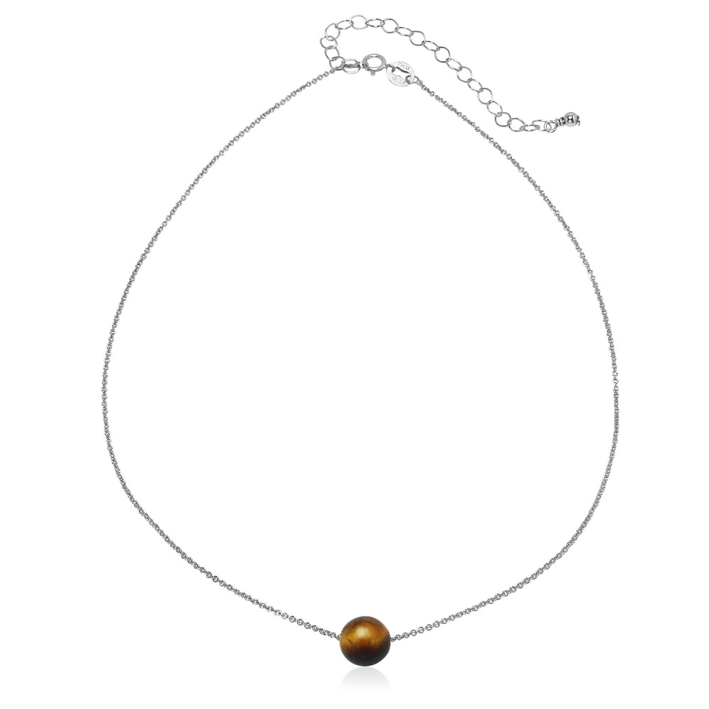 Sterling Silver Created Tiger Eye 8mm Bead Ball Dainty Choker Necklace-2