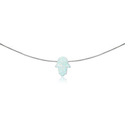 Sterling Silver Created White Opal Hamsa Hand of Fatima Dainty Choker Necklace