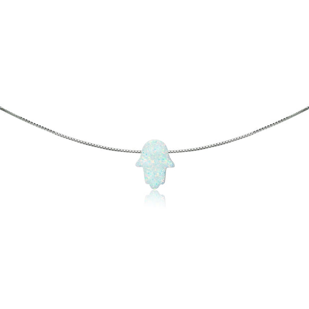 Sterling Silver Created White Opal Hamsa Hand of Fatima Dainty Choker Necklace