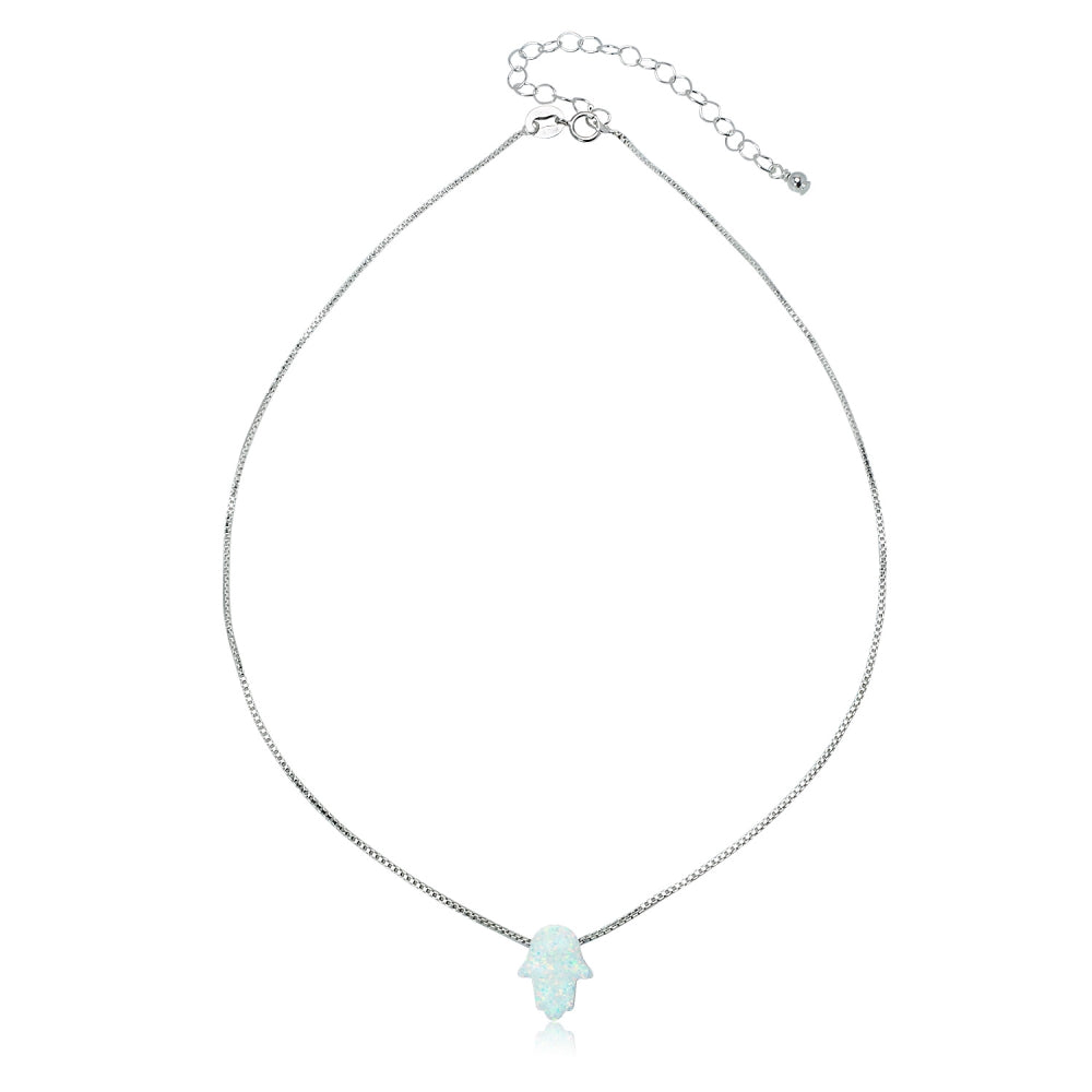 Sterling Silver Created White Opal Hamsa Hand of Fatima Dainty Choker Necklace-2