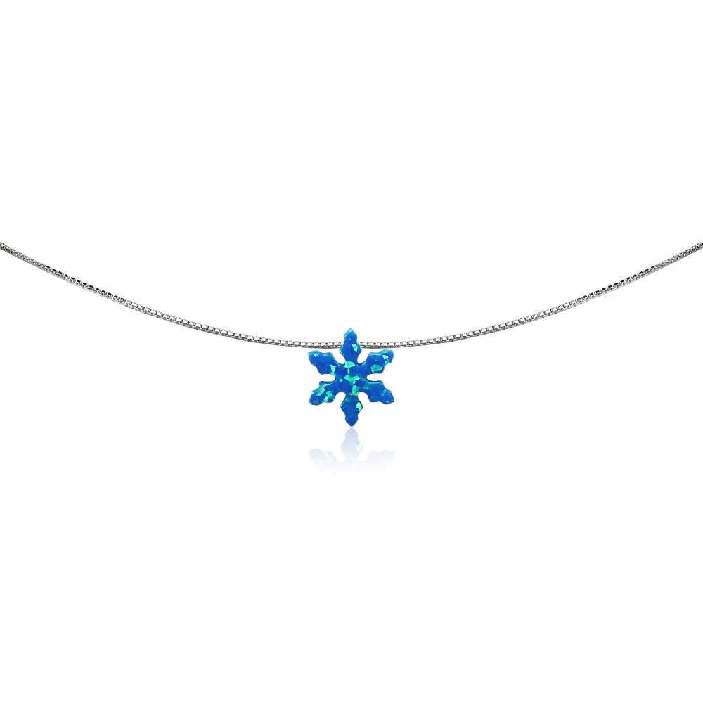 Sterling Silver Created Blue Opal Snowflake Dainty Choker Necklace