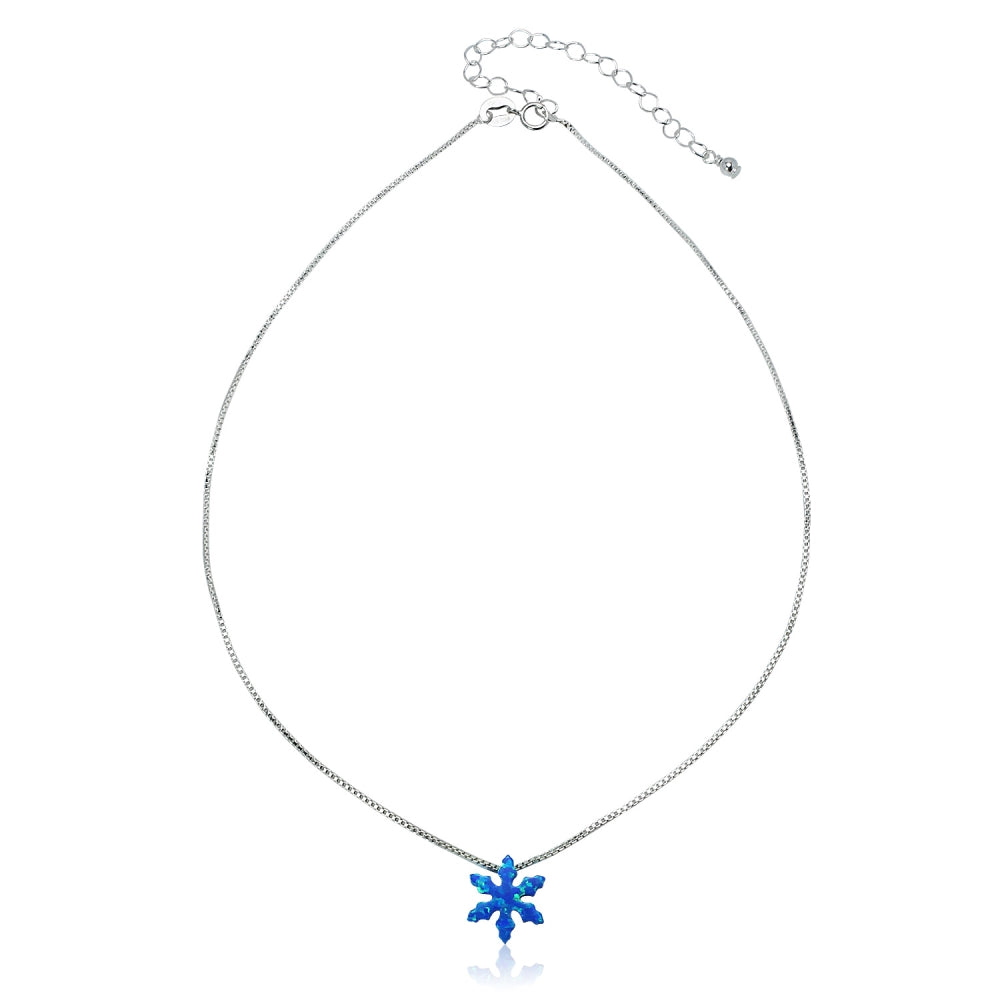 Sterling Silver Created Blue Opal Snowflake Dainty Choker Necklace-2