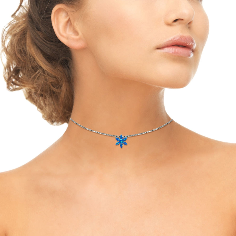 Sterling Silver Created Blue Opal Snowflake Dainty Choker Necklace-3