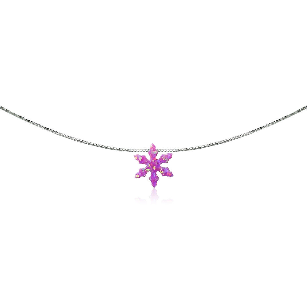 Sterling Silver Created Pink Opal Snowflake Dainty Choker Necklace